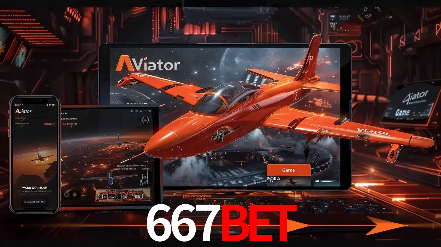 Apresentação tecnológica do jogo Aviator com um avião saindo da tela de um tablet, demonstrando a experiência imersiva em múltiplos dispositivos no 667bet.