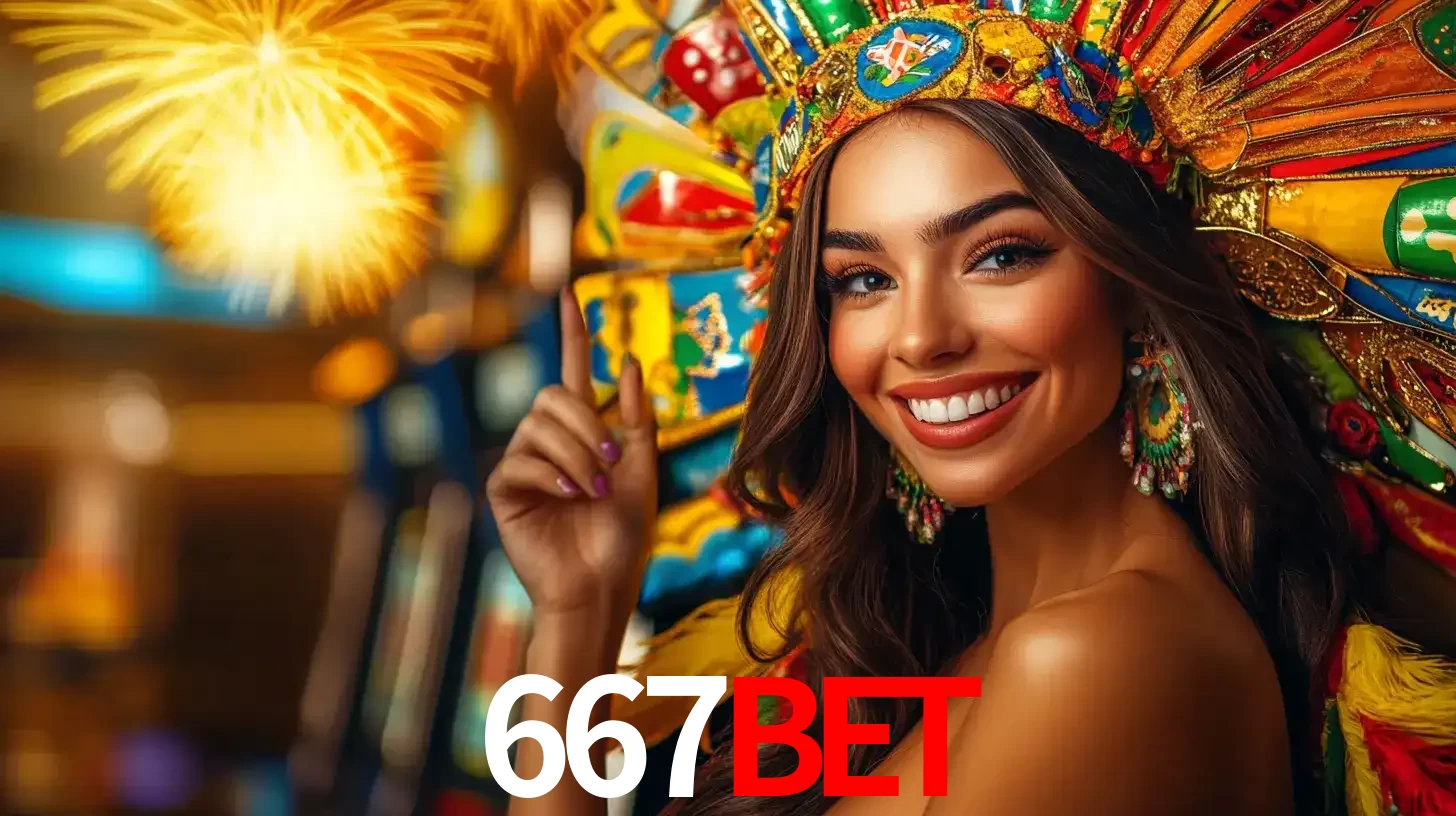 Mulher sorridente com um cocar de carnaval vibrante e colorido, celebrando uma grande vitória nos jogos do cassino 667bet com fogos de artifício ao fundo.