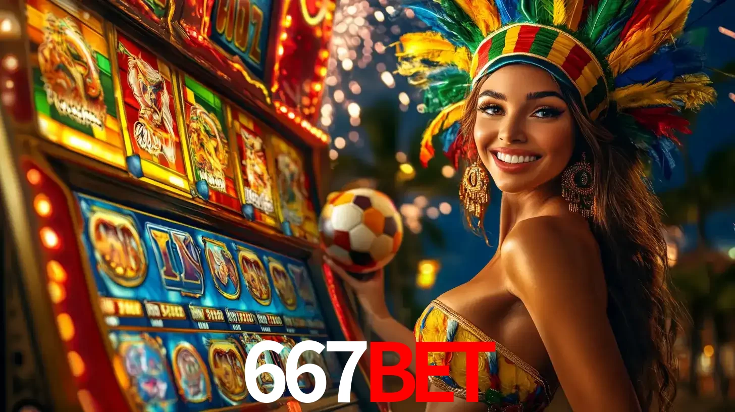 Mulher com um cocar de carnaval ao lado de uma máquina de caça-níqueis enquanto segura uma bola de futebol, mostrando a união da diversão de cassino e esportes no 667bet.