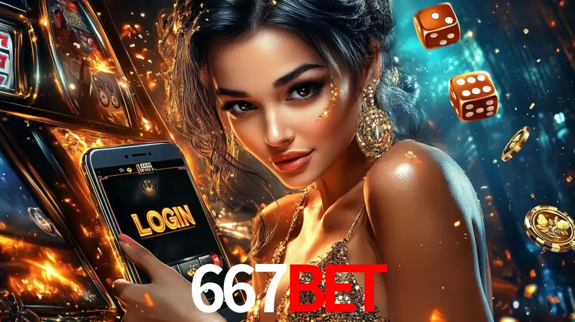 Mulher glamourosa segurando um celular com a tela de login do cassino 667bet, rodeada por dados e moedas douradas, pronta para começar a diversão.