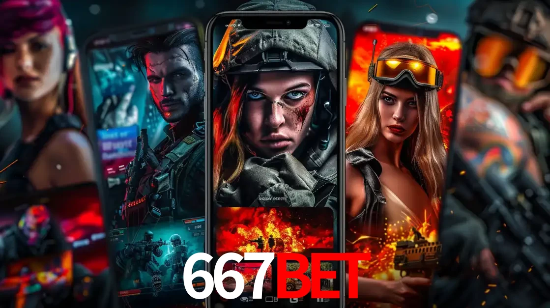 Montagem de telas de celular mostrando diversos personagens, masculinos e femininos, de um jogo de tiro, ilustrando a diversidade de equipes de e-sports para apostar no 667bet.