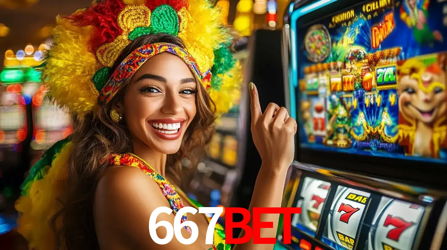 Mulher animada com um cocar de carnaval apontando para uma máquina de caça-níqueis, mostrando a emoção de ganhar um grande prêmio nos jogos do 667bet.