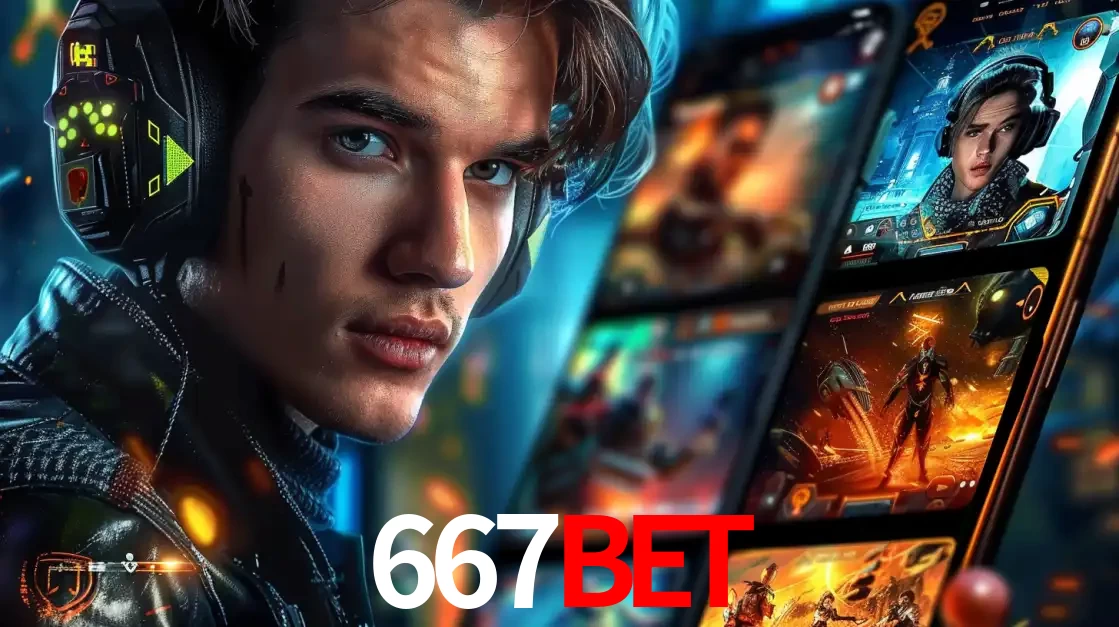 Jovem jogador com fones de ouvido olhando para a câmera, com um aplicativo de jogos e e-sports para celular ao fundo, pronto para a competição e apostas no 667bet.