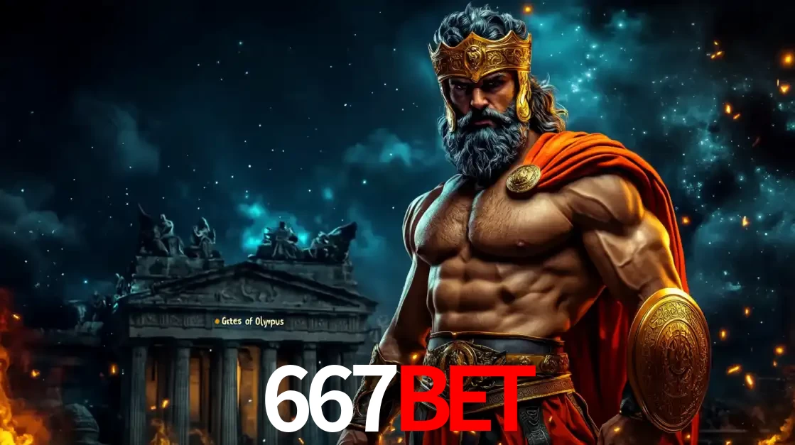 O poderoso Zeus do jogo de slot Gates of Olympus em frente ao seu templo, pronto para lançar multiplicadores divinos e prêmios épicos no cassino online 667bet.
