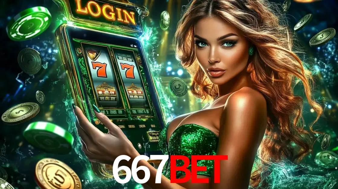 Mulher com tema verde apresentando o aplicativo do cassino 667bet com um jogo de slot de 777, cercada por fichas de cassino e uma aura de sorte.