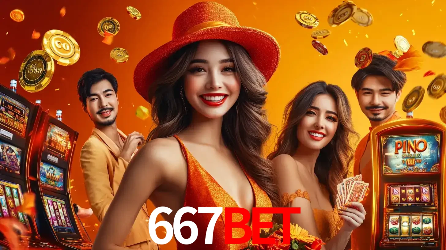 Grupo de amigos asiáticos sorrindo e se divertindo com máquinas de caça-níqueis em um ambiente festivo, celebrando suas vitórias nos jogos de cassino do 667bet.