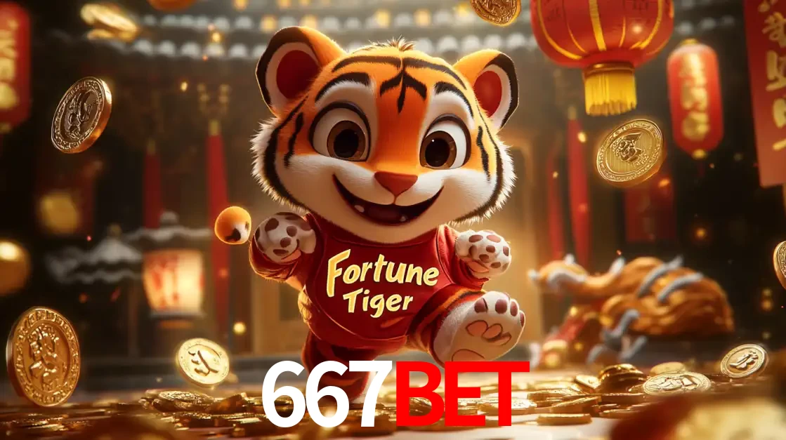 O alegre personagem do Fortune Tiger correndo sobre um caminho de moedas de ouro, simbolizando os grandes prêmios e a diversão do popular jogo de slot do 667bet.