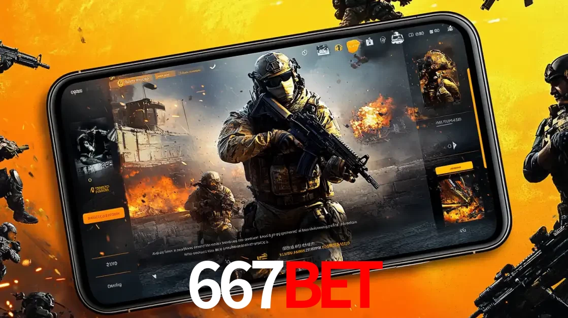 Um smartphone exibindo a interface de um jogo de tiro em primeira pessoa, com um soldado em um cenário de batalha, representando a ação dos e-sports para apostar no 667bet.
