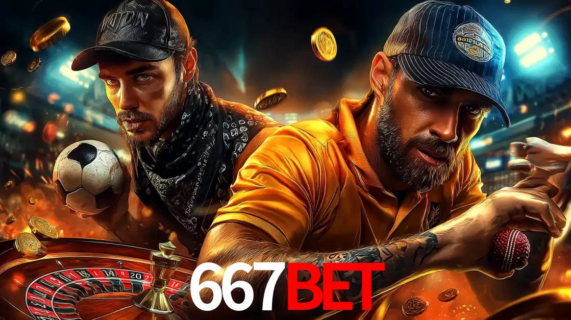Montagem de apostas esportivas e cassino no 667bet, com um homem segurando uma bola de futebol e outro uma de beisebol sobre uma roleta e moedas voadoras.