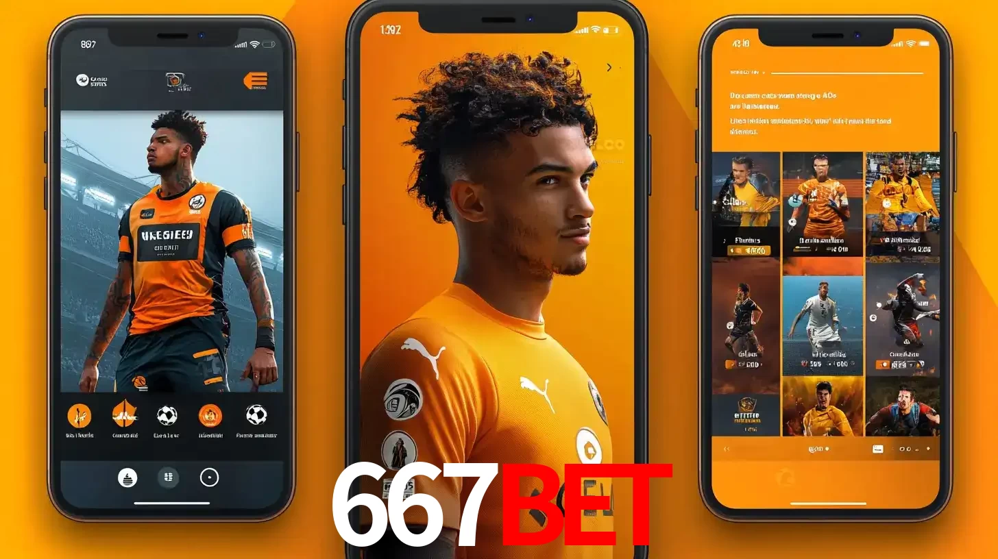 Interface do aplicativo de apostas esportivas 667bet em três telas de celular, mostrando o perfil de um jogador de futebol e a lista de jogos disponíveis para apostar.