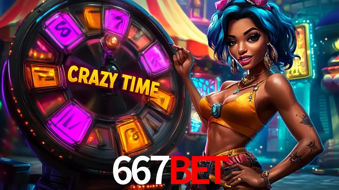 Mulher estilizada com cabelo azul e visual vibrante posando ao lado da roda de prêmios do game show Crazy Time, convidando para a diversão e os bônus do cassino 667bet.