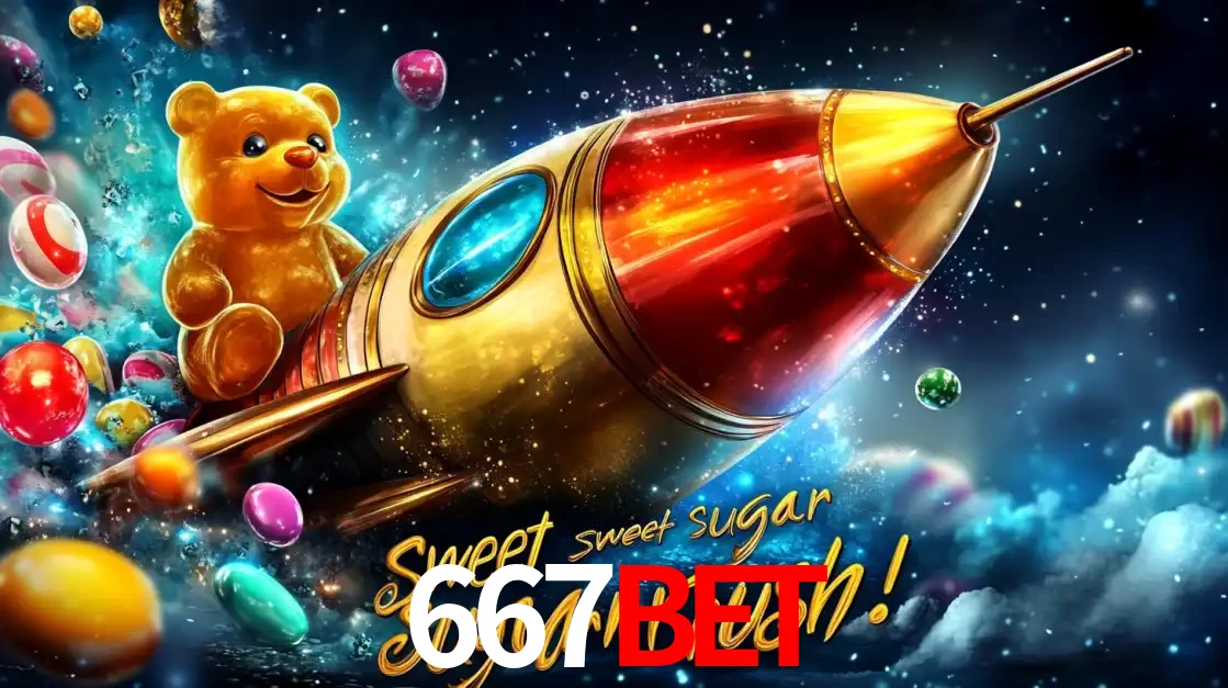 Arte promocional do jogo de slot Sugar Rush, com um urso de pelúcia em um foguete viajando pelo espaço de doces, um dos jogos divertidos disponíveis no cassino 667bet.