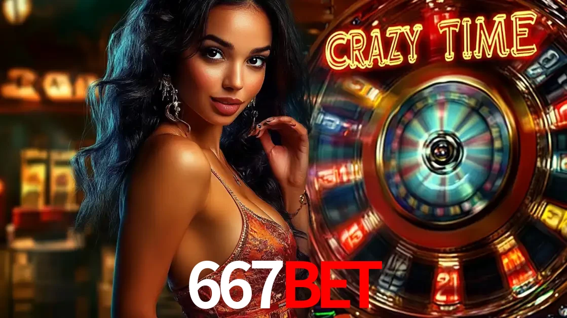 Mulher elegante ao lado da vibrante roda da fortuna do jogo de cassino ao vivo Crazy Time, um dos game shows mais populares e cheios de prêmios do 667bet.