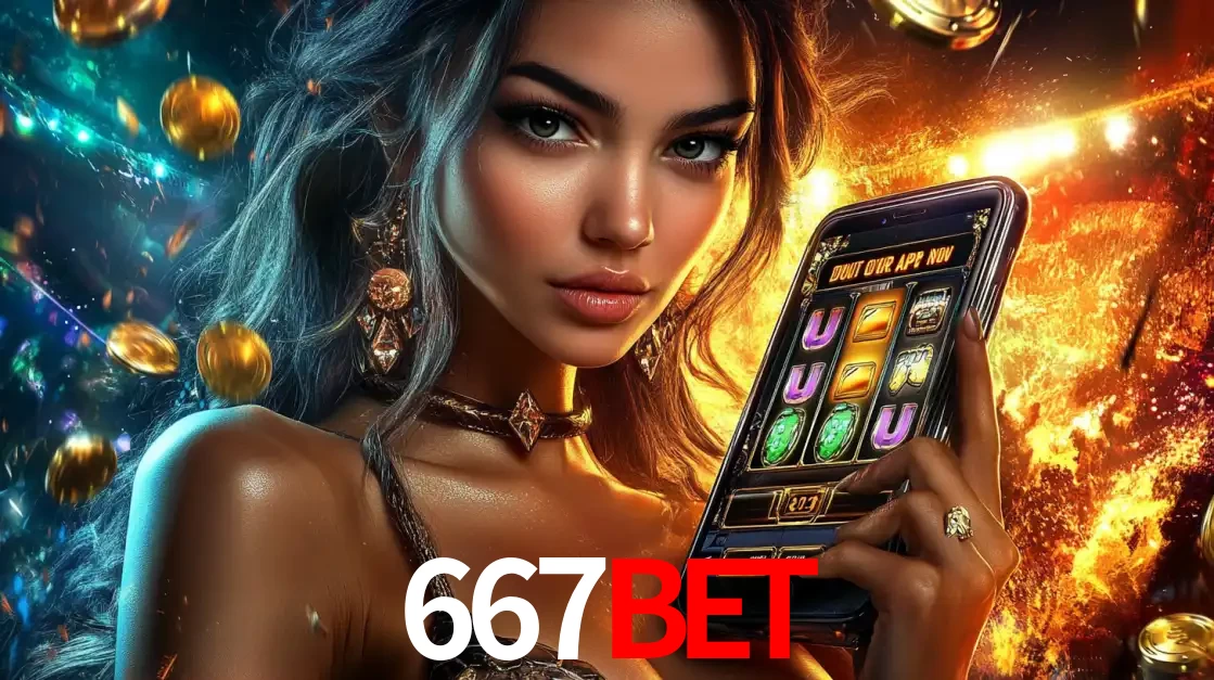 Mulher elegante mostrando um jogo de caça-níqueis em seu smartphone, destacando a experiência de cassino móvel oferecida pelo aplicativo 667bet.