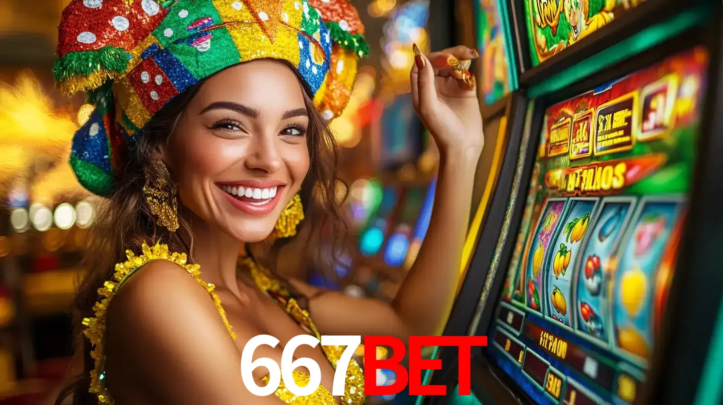 Mulher feliz com traje de carnaval amarelo e colorido ao lado de uma máquina de caça-níqueis, aproveitando a diversão e os jogos temáticos do cassino 667bet.