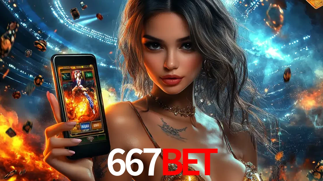 Mulher segurando um celular com um jogo de slot em destaque, tendo como fundo um estádio vibrante, simbolizando a emoção de jogar no cassino móvel 667bet.
