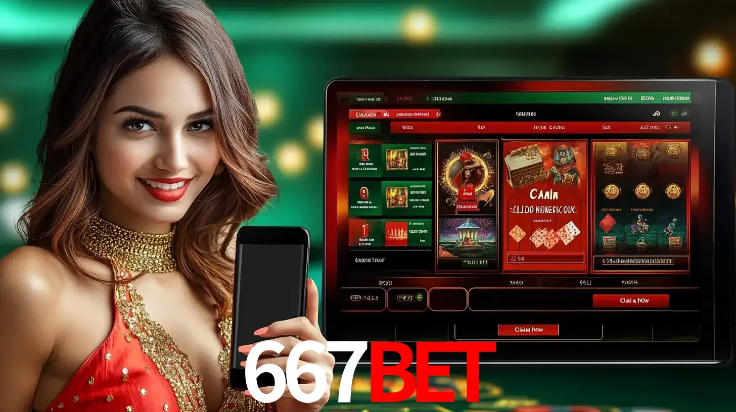 Mulher sorridente segurando um smartphone, ao lado de uma tela exibindo o lobby de jogos do cassino online 667bet, com várias opções de jogos de cartas e slots.